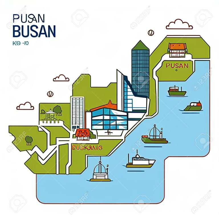 Városnézés, utazási térkép illusztráció - Busan, Pusan City, Dél-Korea