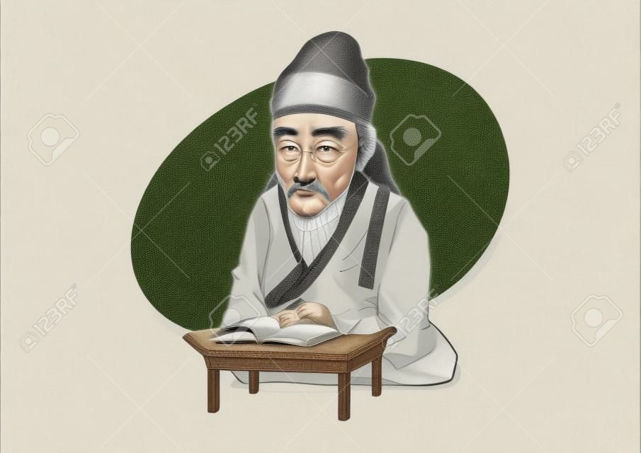 Famosa figura histórica caricatura aislada en blanco - Coreano, el gran erudito Toegye Yi Hwang