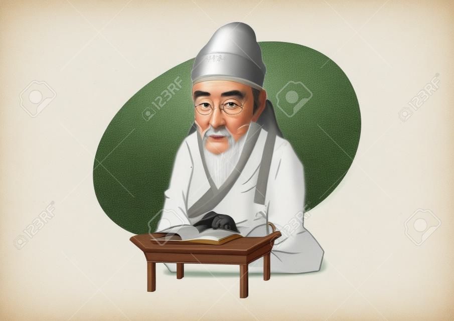 Famosa figura histórica caricatura aislada en blanco - Coreano, el gran erudito Toegye Yi Hwang