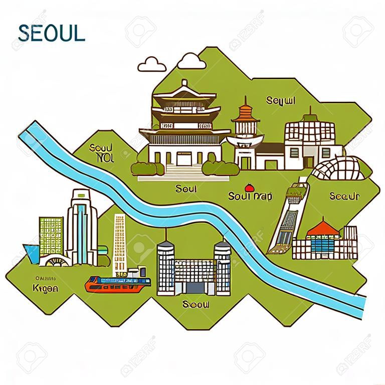 City tour,travel map illustration - Seoul City, South Korea