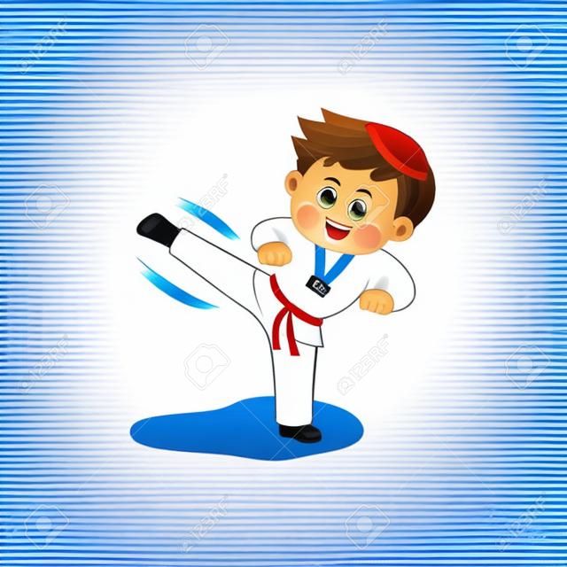 Cute boy performing taekwondo, vector illustration.