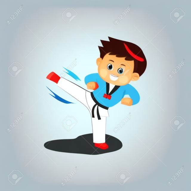 Cute boy performing taekwondo, vector illustration.