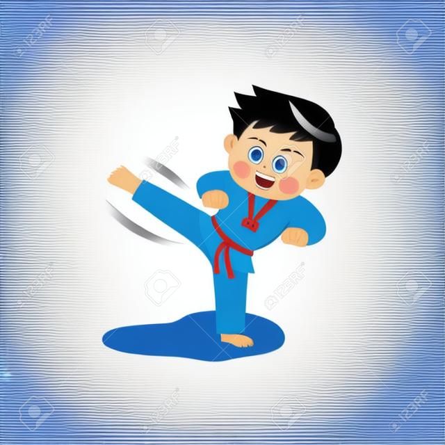 Netter Junge, der Taekwondo, Vektorillustration durchführt.