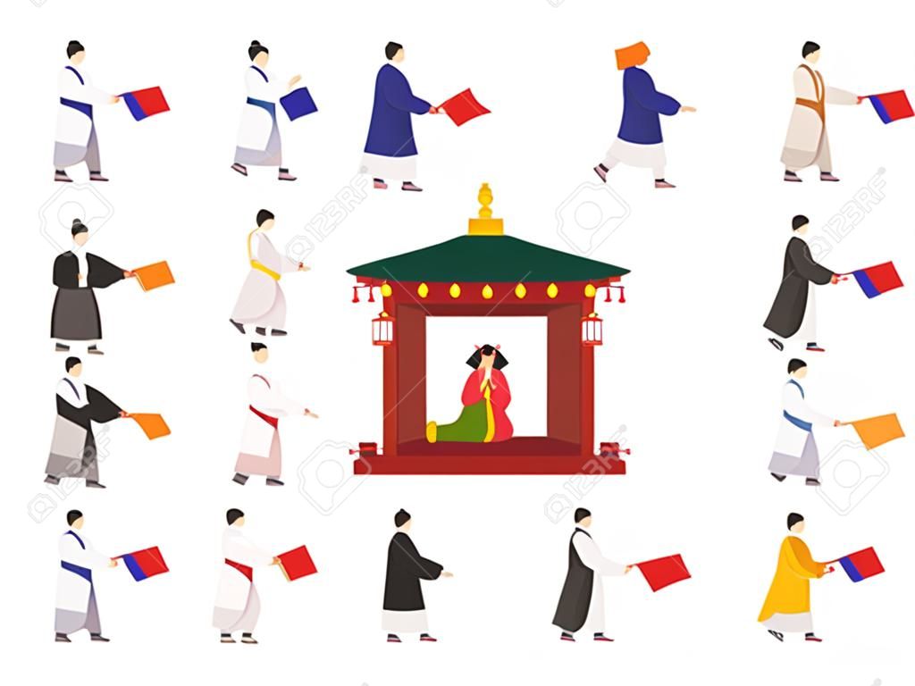 People in Korea traditional clothing having traditional wedding, vector illustration.