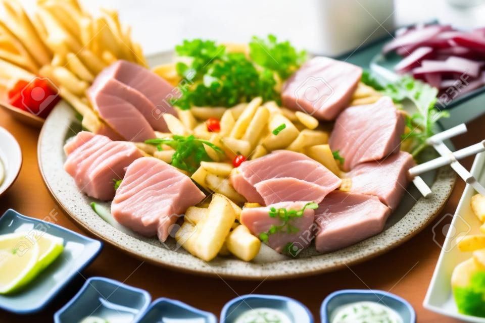 prato de atum sashimi e batatas fritas sortidas