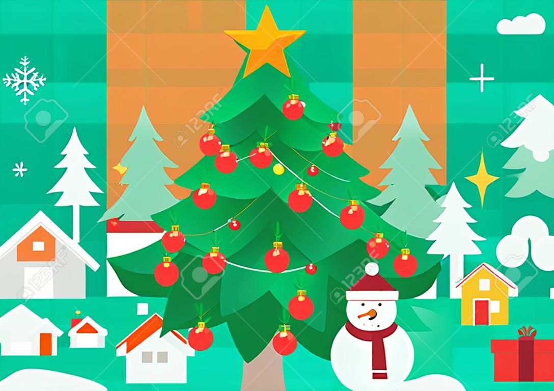 Illustrazione 002 della cartolina d'auguri di stile di design piatto di buon Natale e felice anno nuovo