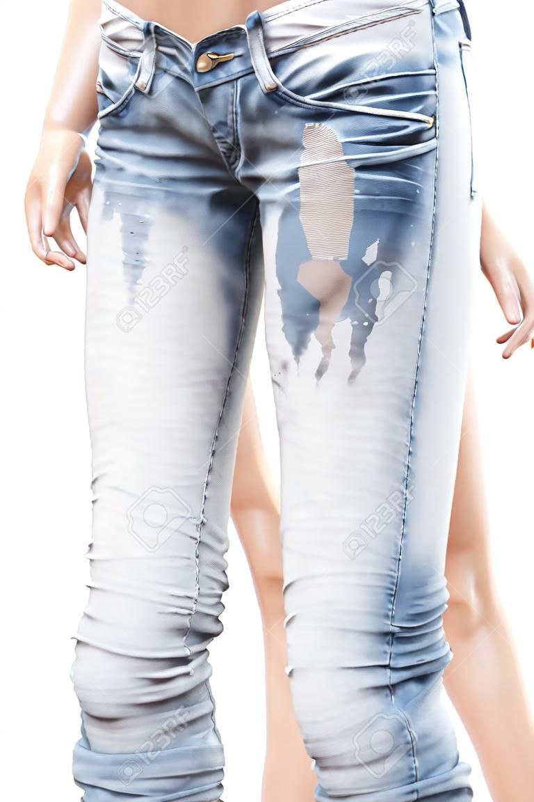 Cuerpo de mujer joven en pantalones vaqueros - húmedo a causa de una descarga pis, susto, enfermedad o reír