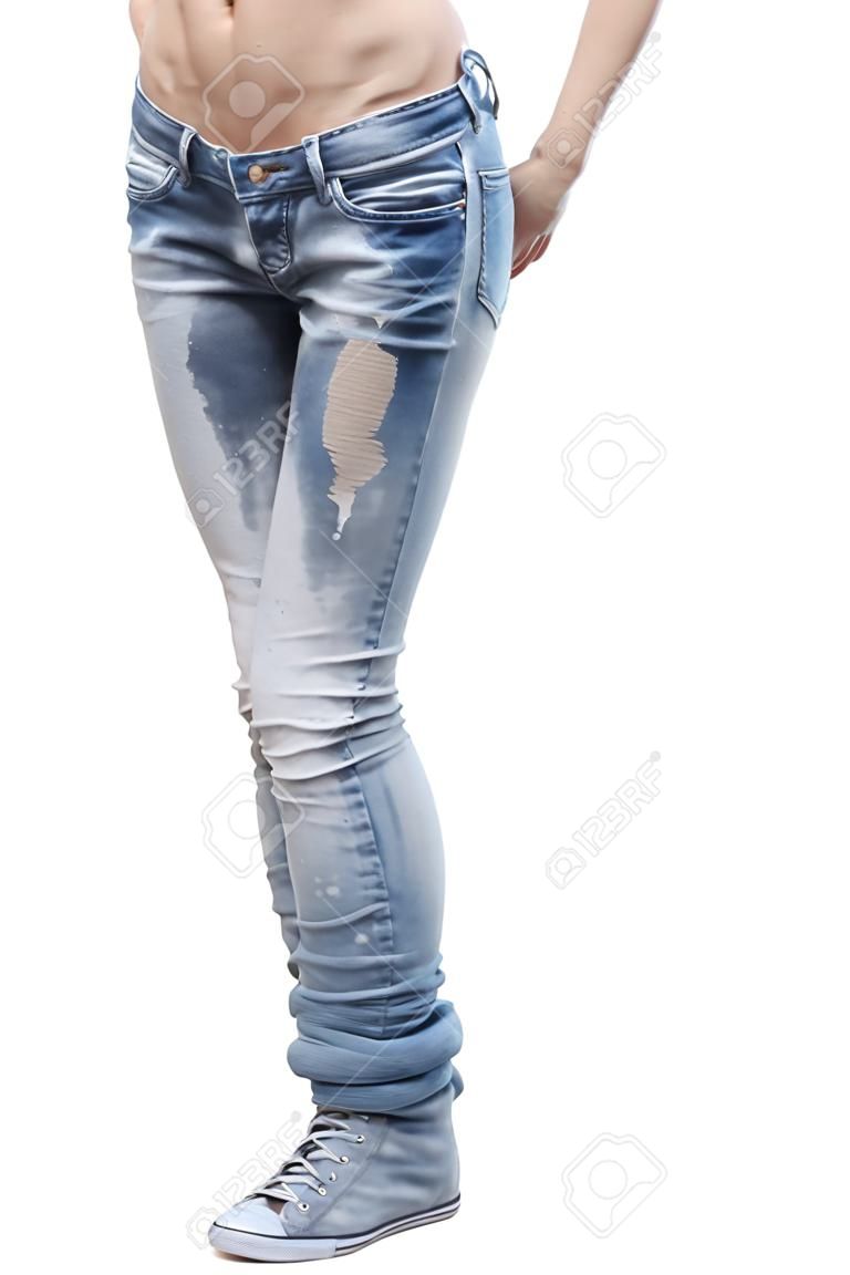 Молодая женщина тело в джинсах - мокрая из мочи ударной, паники, болезни или смеяться