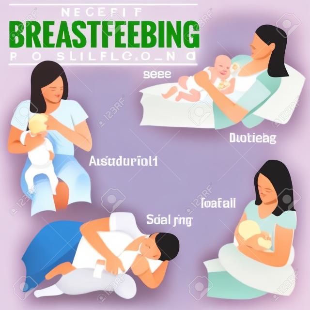 女人在不同的舒适医疗姿势中哺乳，哺育或护理她甜美的新生婴儿，包括澳大利亚，后坐，侧卧和足球姿势图标