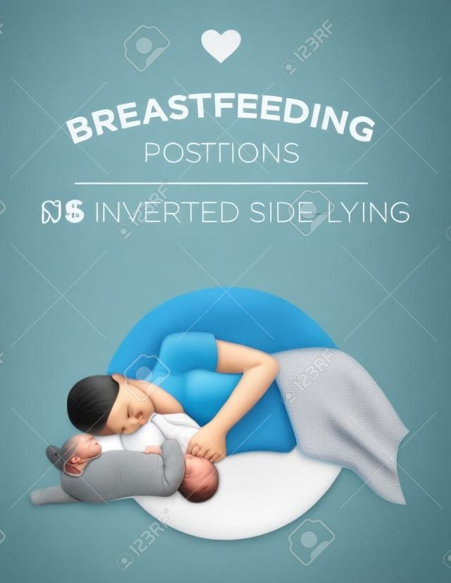 거꾸로 신생아를 모유 수유하는 동안 그녀의 옆에 누워있는 어머니