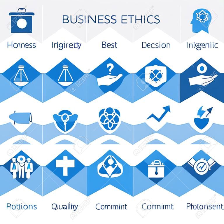 Set di icone solide di etica aziendale con onestà, integrità, impegno e decisione