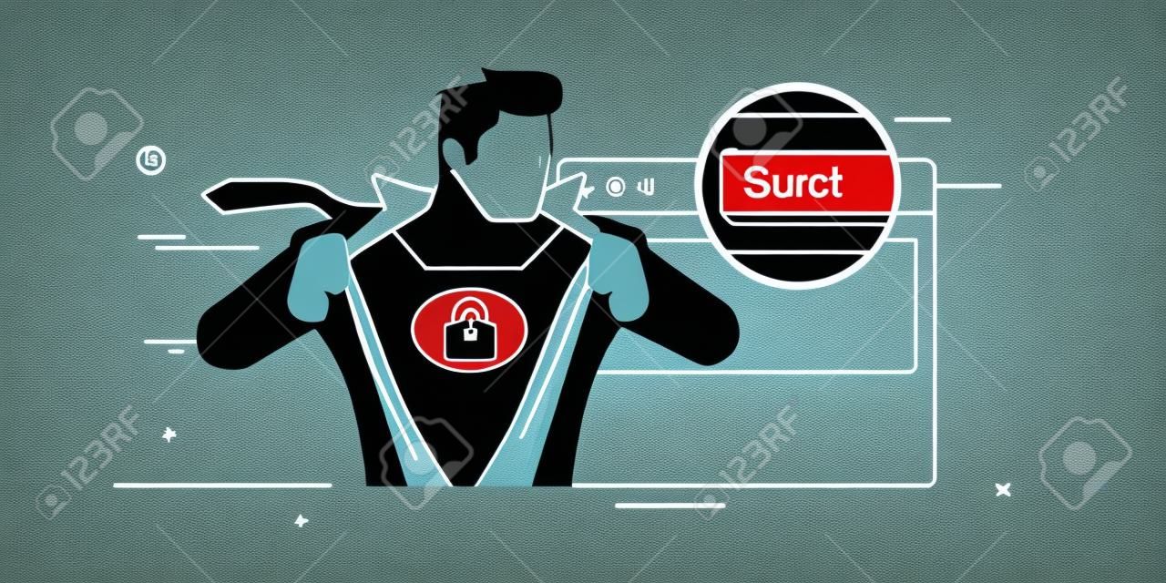 Conceptual ilustración vectorial de un hombre fuerte con cerradura de muestra de la mano en el pecho que representa el certificado extendido mas seguros Validado SSL.