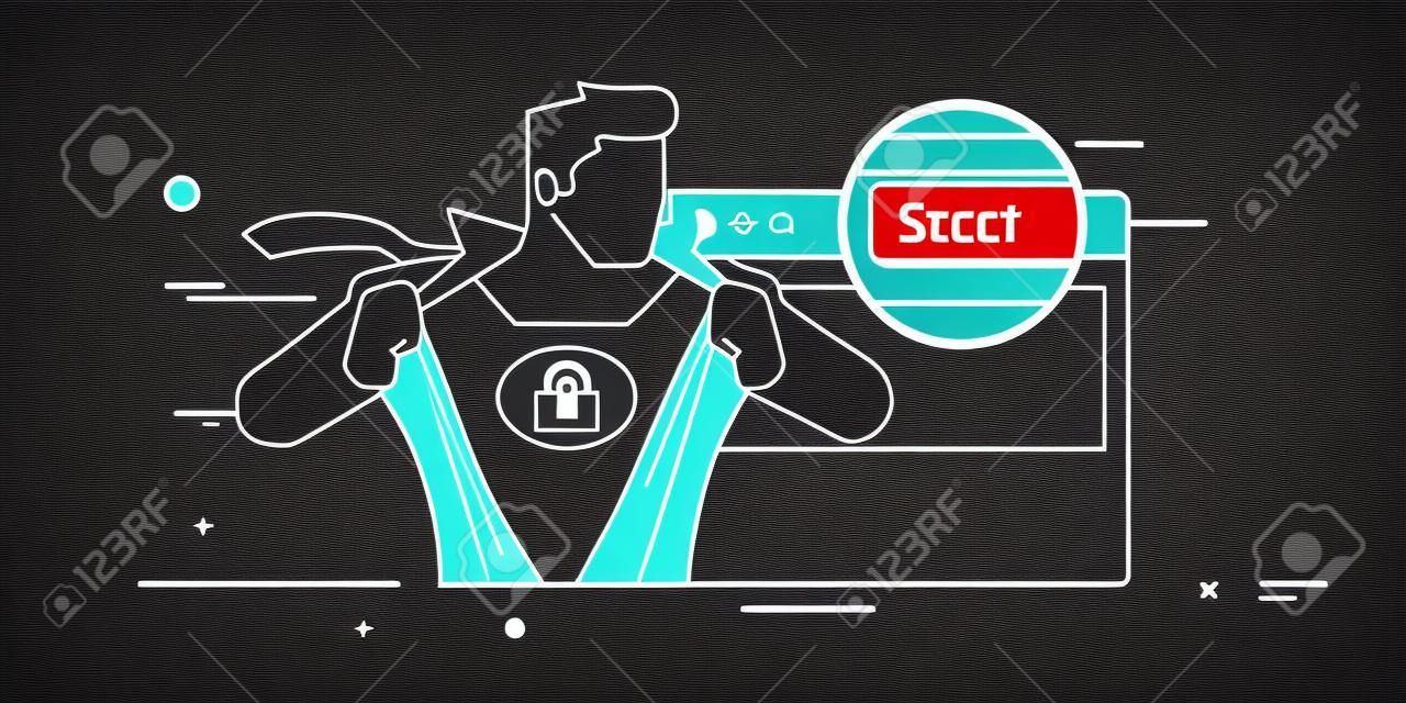 Illustrazione vettoriale concettuale di un uomo forte con serratura a mano segno sul petto Raffigurante l'esteso certificato convalidato SSL Most sicuro.