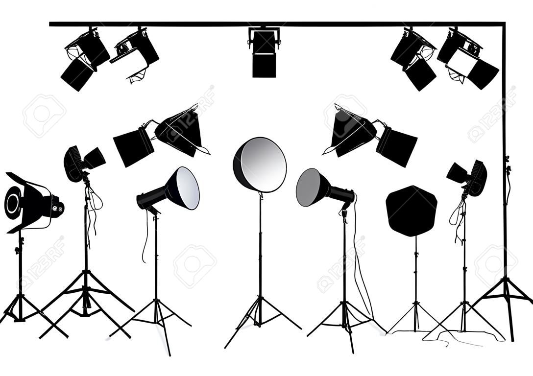 Photo studio lighting equipment, set of vector design elements