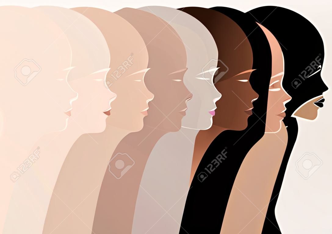 Silhuetas de perfil feminino, diferentes cores de pele, pessoas de cor, ilustração vetorial