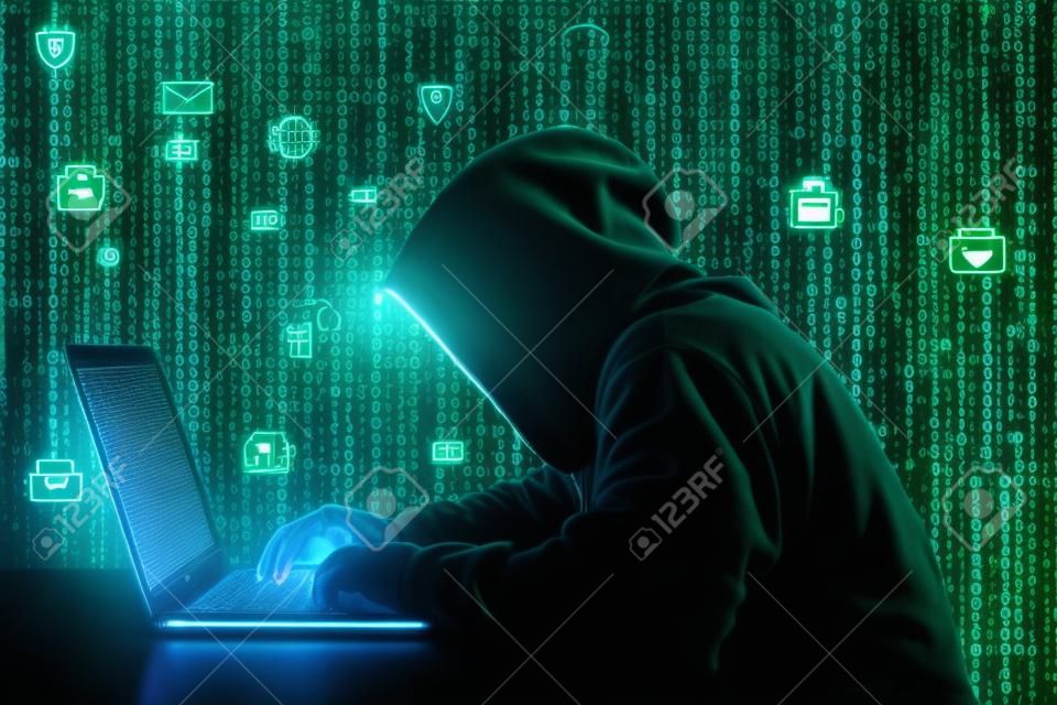 Хакер работает на ноутбуке перед цифровым фоном с зеленым интернетом вещей значки концепция кибербезопасности