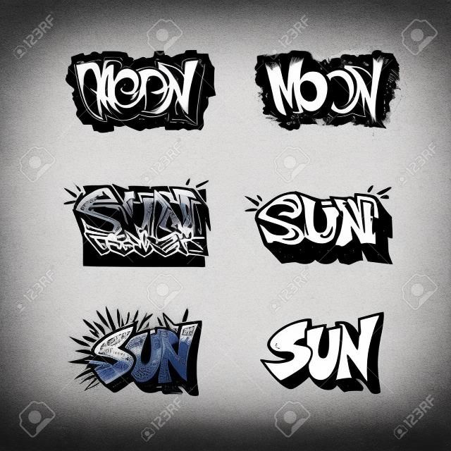 Set of words drawing in comics, graffiti style. Text Sun, Moon. Black and white . The inscription marker. Vector.