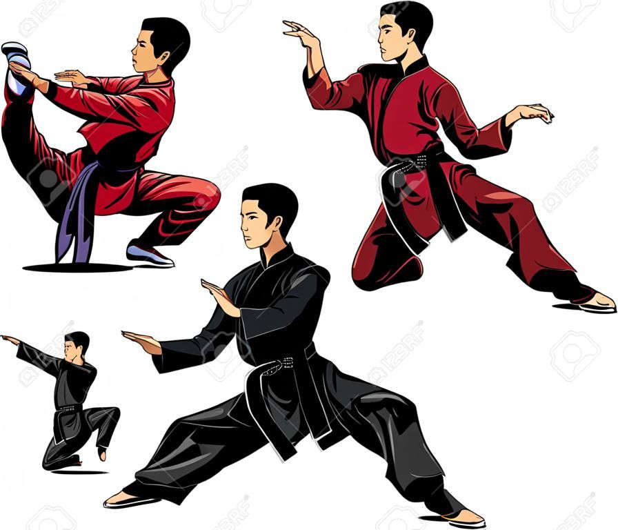 Wushu, kung fu, taekwondo. Men show posture fighting stance Wushu. Slow motion technique. Vector illustration.