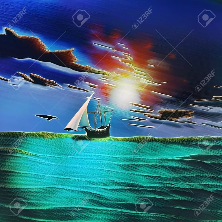 Alívio em relevo paisagem com mar, veleiro e nuvens de tempestade que se assemelham a velha pintura rachada