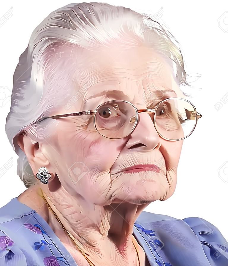 Portrait of old senior woman with glasses. Shot against white background.