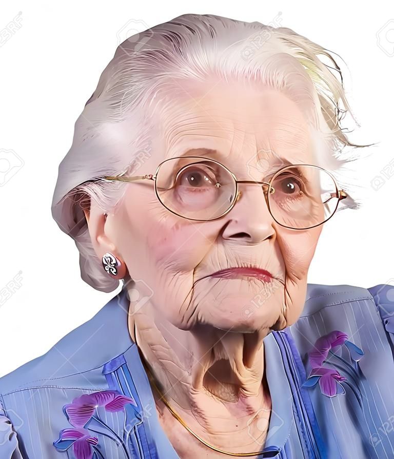 Portrait of old senior woman with glasses. Shot against white background.