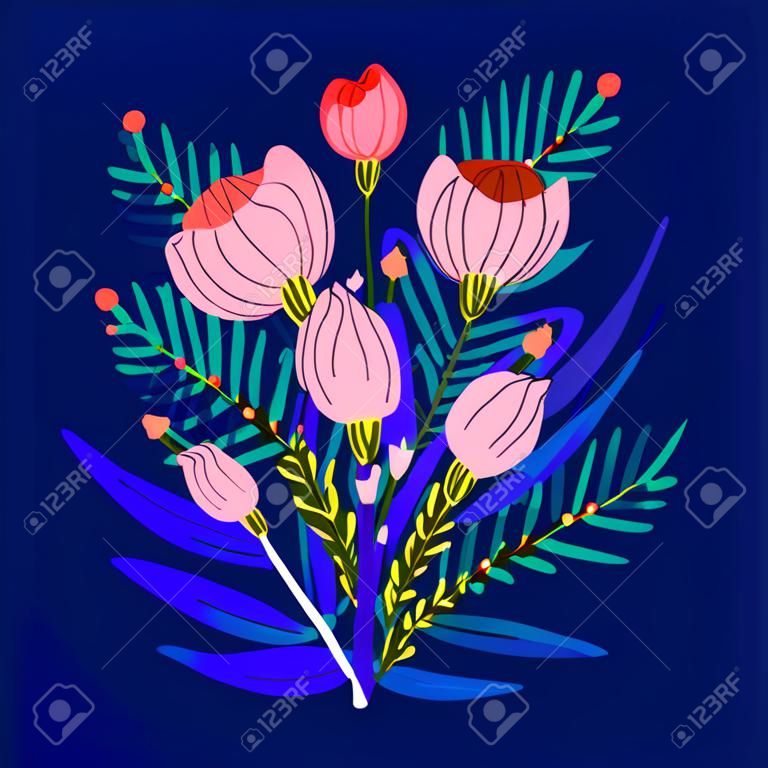 Bouquet of flower for greetings cards, banner and poster. Hand drawn illustration