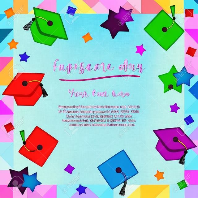 Design colorido de ilustração de cartão de dia de graduação com tampas de graduação voadoras