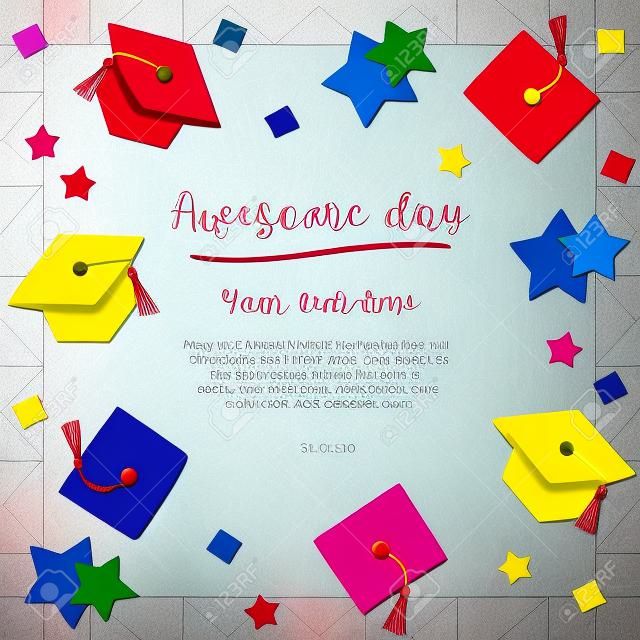 día de graduación diseño colorido ilustración de la tarjeta con el vuelo gorras de graduación