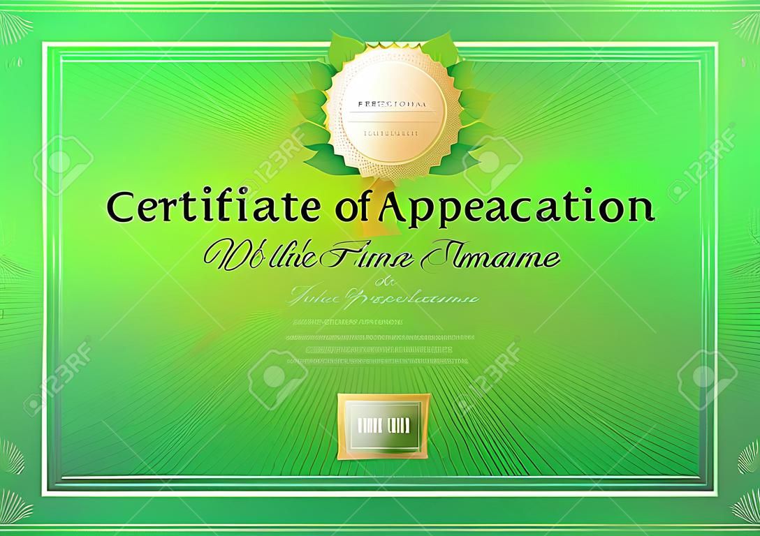 Certificado de modelo de apreciação em ambiente verde tema sobre fundo abstrato guilhochado com estilo vintage de fronteira