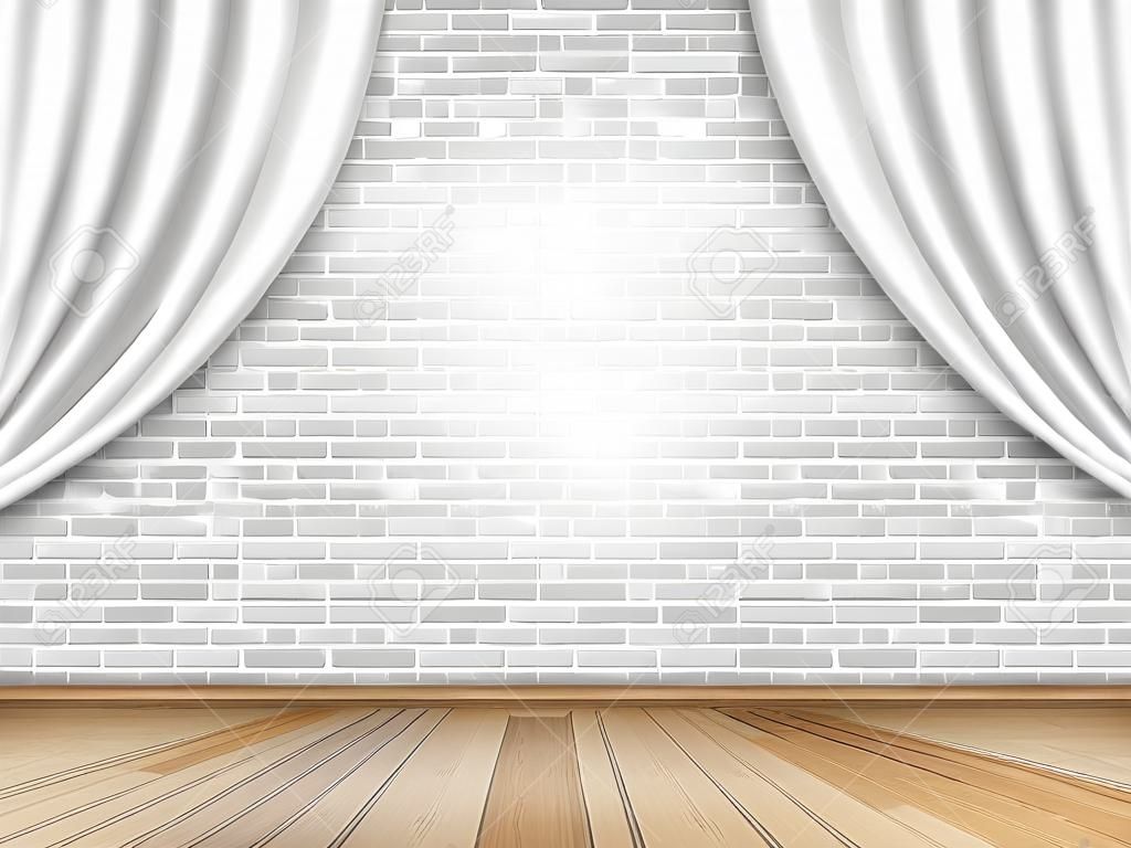 用白色的窗簾上磚牆背景舞台