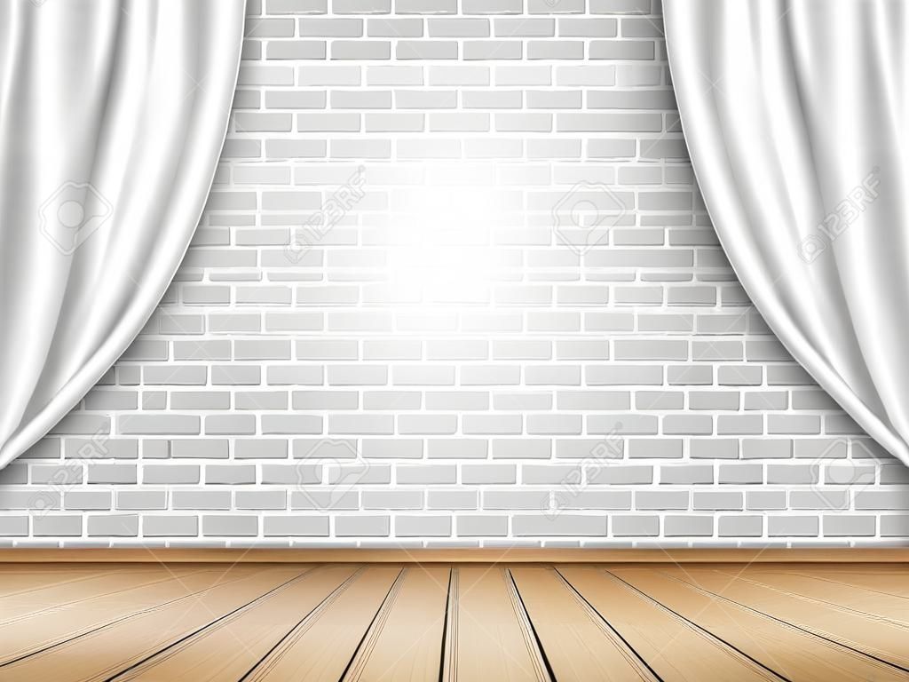 用白色的窗簾上磚牆背景舞台