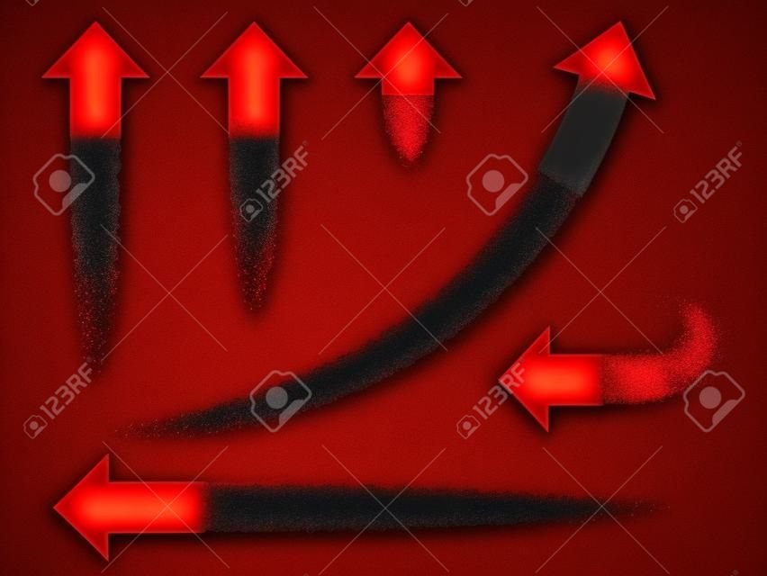 Ensemble de rouge différents symbole de la flèche. Les flèches sont comme fusées volent en laissant une traînée de petites particules.