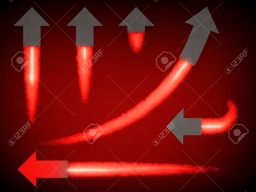 Ensemble de rouge différents symbole de la flèche. Les flèches sont comme fusées volent en laissant une traînée de petites particules.