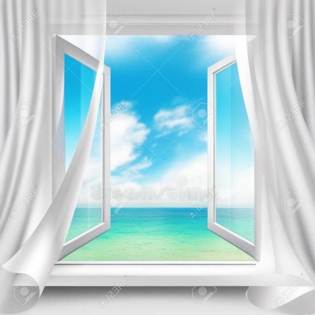 Widok na morski horyzont z pokoju z otwartym oknem i białymi zasłonami. Tło dla projektu karty wakacje i podróże.