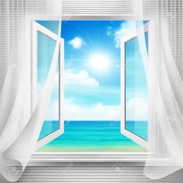 Widok na morski horyzont z pokoju z otwartym oknem i białymi zasłonami. Tło dla projektu karty wakacje i podróże.