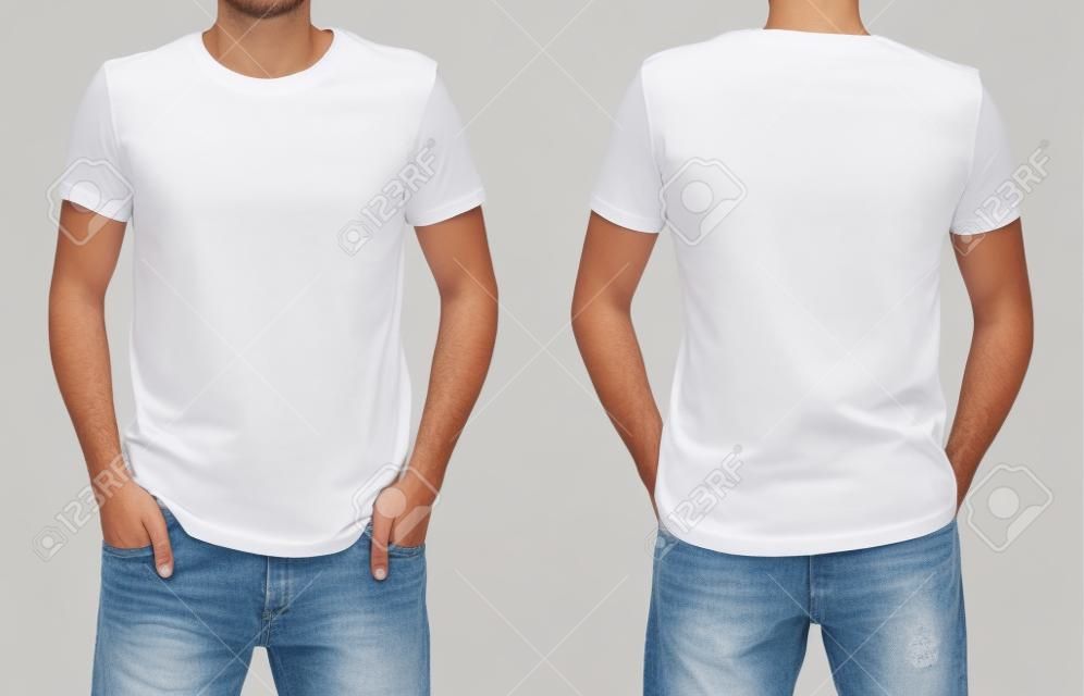 Camiseta de hombre joven en frente y detrás de aislados en blanco