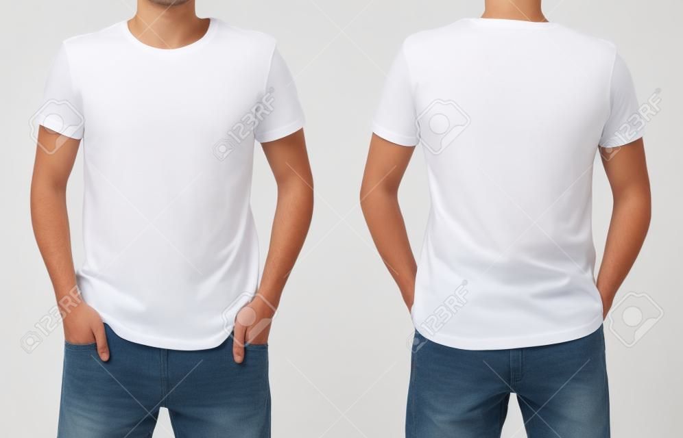 T-shirt sur le jeune homme devant et derrière isolé sur blanc
