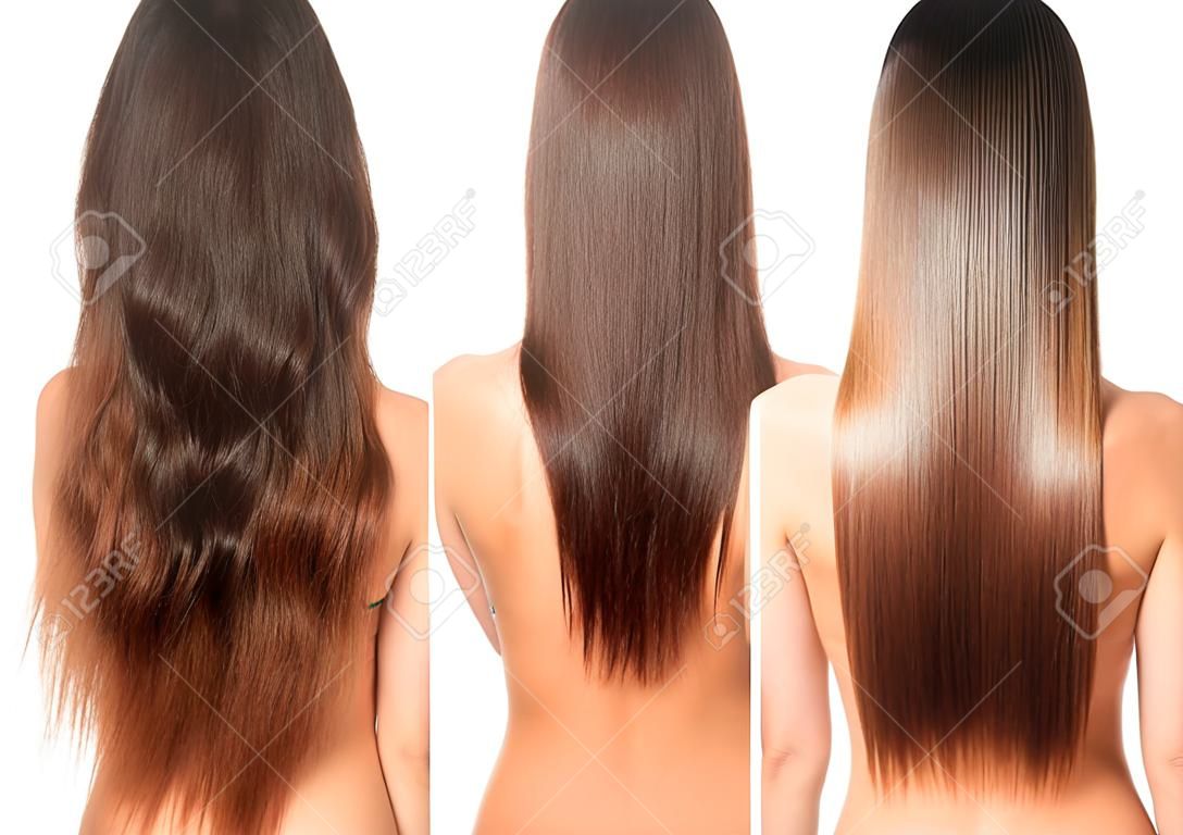 Frau vor und nach Haarbehandlung auf weißem Hintergrund