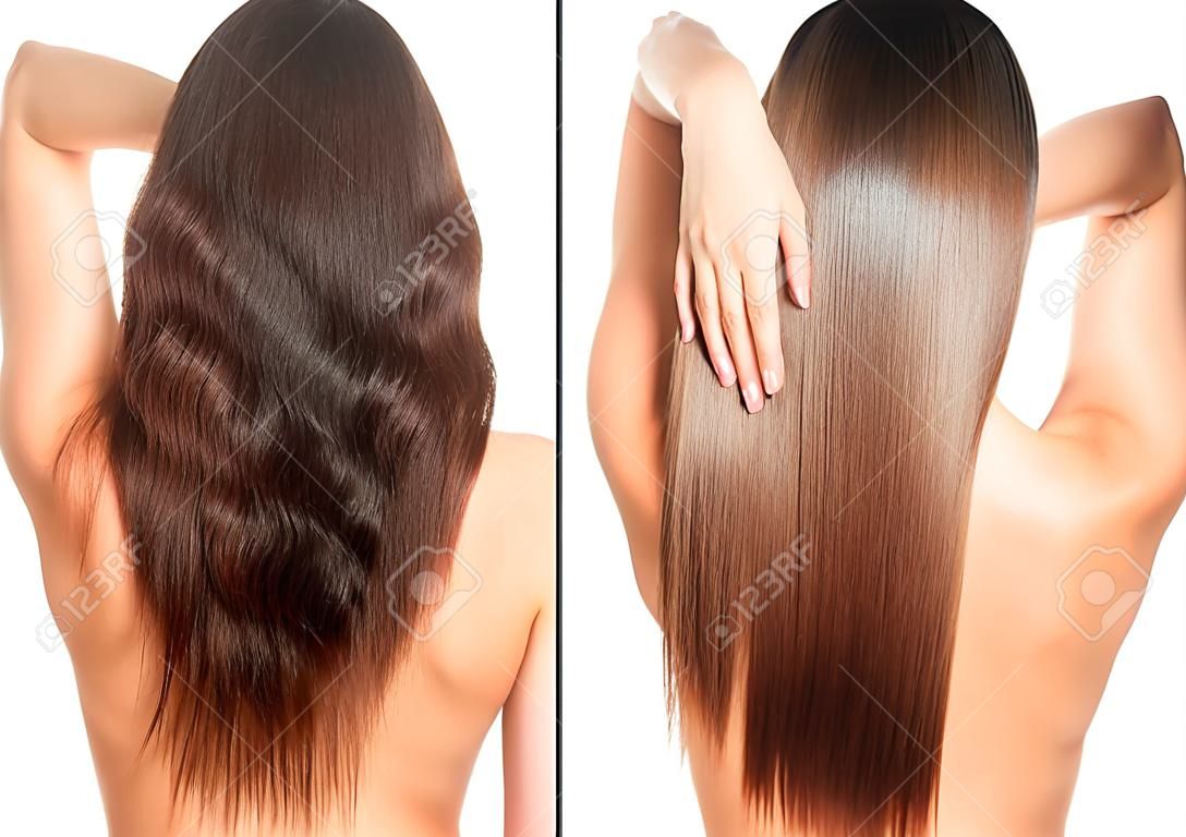 Frau vor und nach Haarbehandlung auf weißem Hintergrund