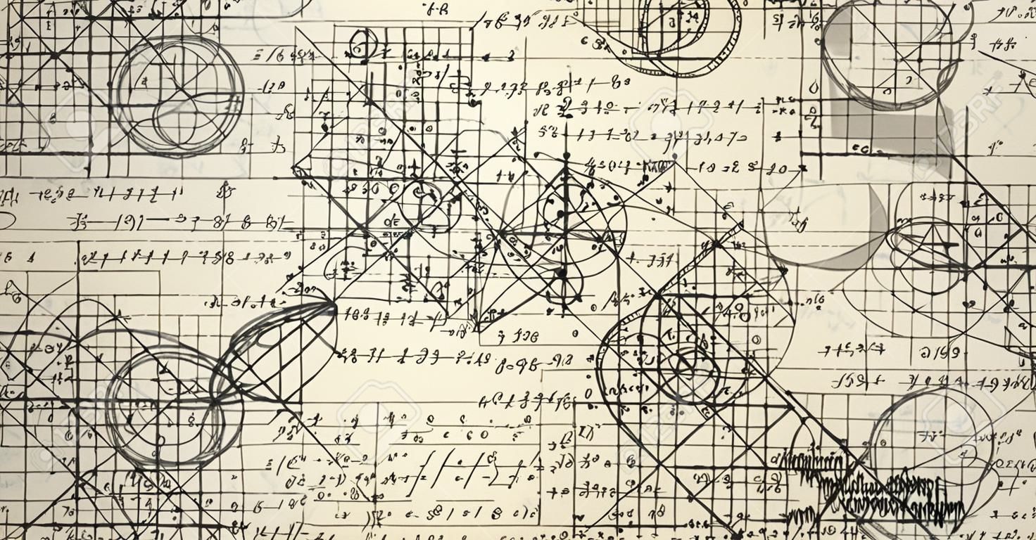 Padrão sem emenda de vetor matemático com gráficos e fórmulas embaralhadas, "manuscritas no papel antigo"