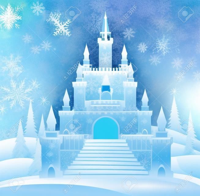 냉동 계단 및 냉동 겨울 숲에서 얼음 타워 벡터 눈의 여왕의 성입니다. 벡터 크리스마스 배경
