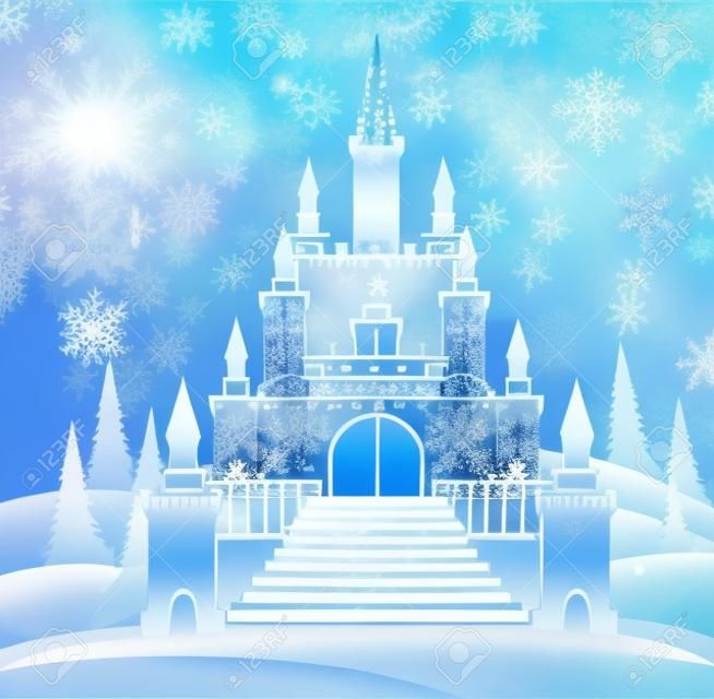 냉동 계단 및 냉동 겨울 숲에서 얼음 타워 벡터 눈의 여왕의 성입니다. 벡터 크리스마스 배경