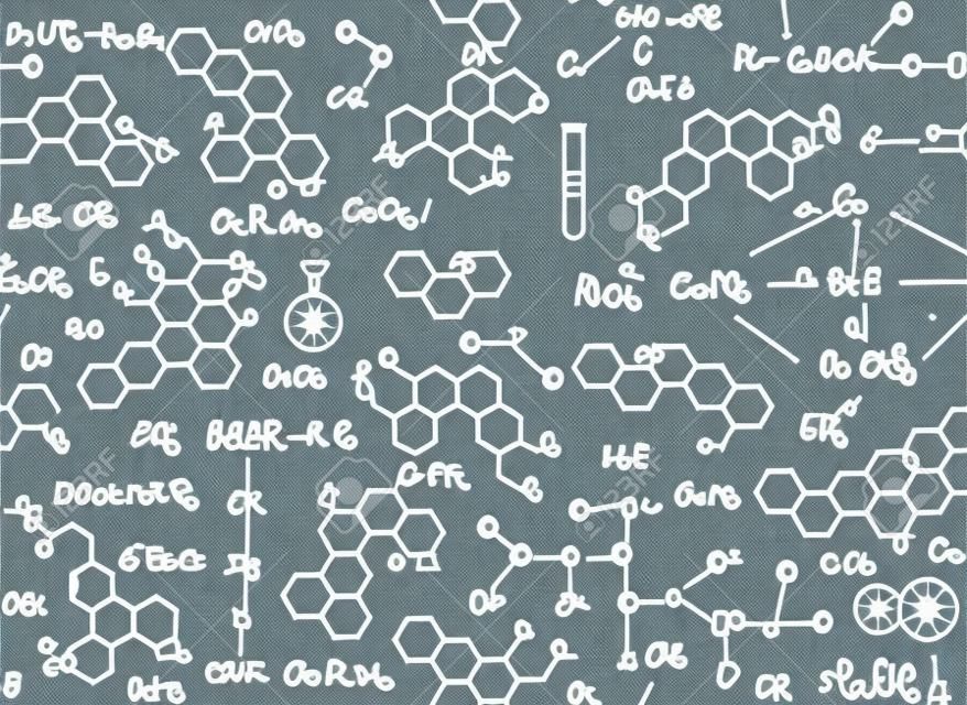 Chemical vector seamless pattern with handwritten chemistry formulas. Scientific endless educational background