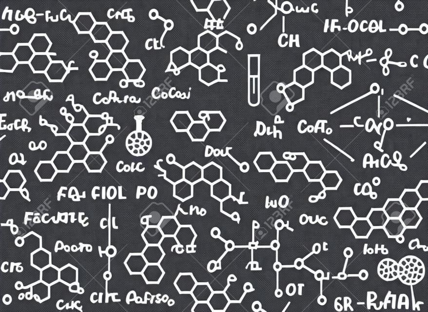 Chemical vector seamless pattern with handwritten chemistry formulas. Scientific endless educational background
