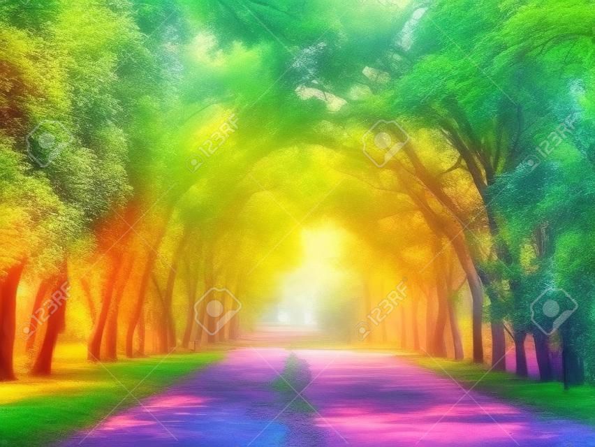 Vicolo pittoresco nel parco nei colori saturi dell'estate.