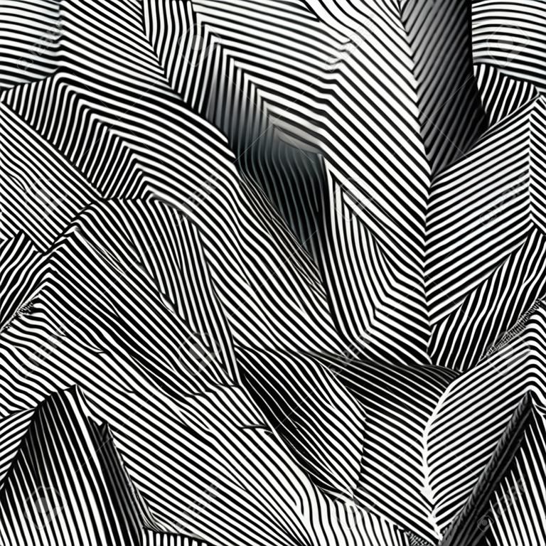 ジグザグの線で抽象的なシームレスなモアレ パターン。モノクロ グラフィックの黒と白の飾り。ストライプの幾何学的な繰り返しのテクスチャです。