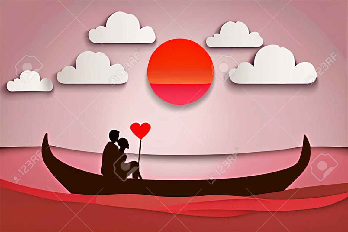 愛好家は海の真ん中にボートに座って、夕日、ペーパーアートカップルの新婚旅行、バレンタインデーの日付、ベクトルイラストを持っています