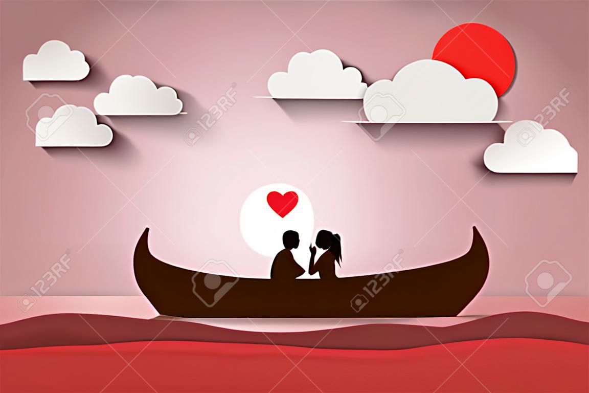 Gli amanti si siedono su una barca in mezzo al mare e hanno un tramonto, carta da parati coppia luna di miele, data di giorno di San Valentino, illustrazione vettoriale