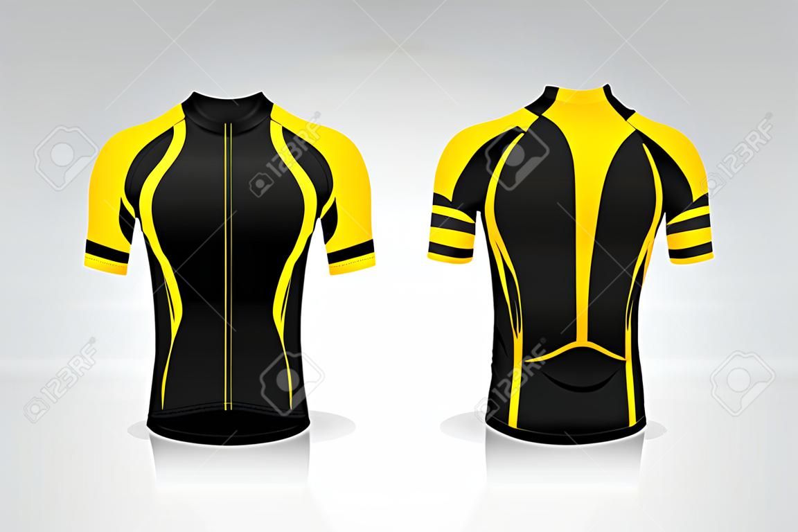 Especificación Plantilla de maillot de ciclismo. simulacro de camiseta deportiva uniforme de cuello redondo para ropa de bicicleta. Diseño de ilustración vectorial, capas de trabajo separadas.