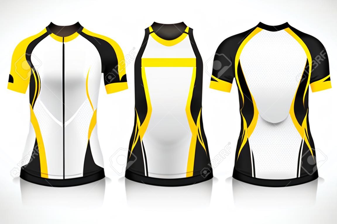 Specificazione Modello di maglia da ciclismo. mock up Sport T Shirt girocollo uniforme per abbigliamento da bicicletta. Disegno di illustrazione vettoriale, livelli di lavoro separati.